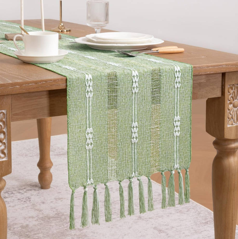 Farmhouse Table Runner 48 Inches, Macrame Woven Cotton Table Runner with Tassels, Rustic Boho Decor for Dining or Living Room, 13x48 Inches, Sage Green
