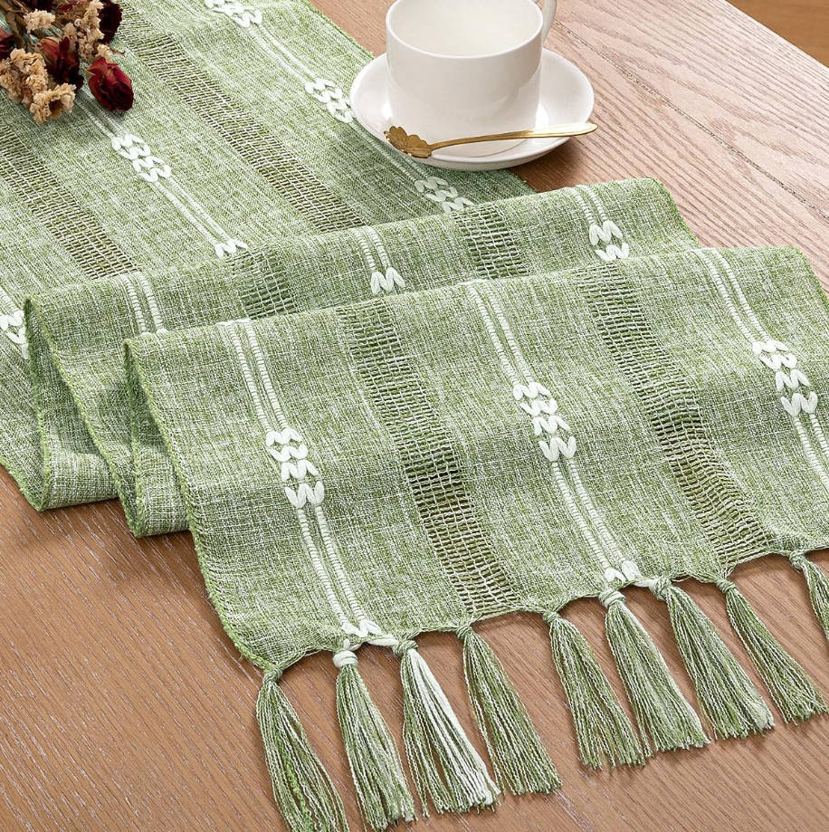 Farmhouse Table Runner 48 Inches, Macrame Woven Cotton Table Runner with Tassels, Rustic Boho Decor for Dining or Living Room, 13x48 Inches, Sage Green