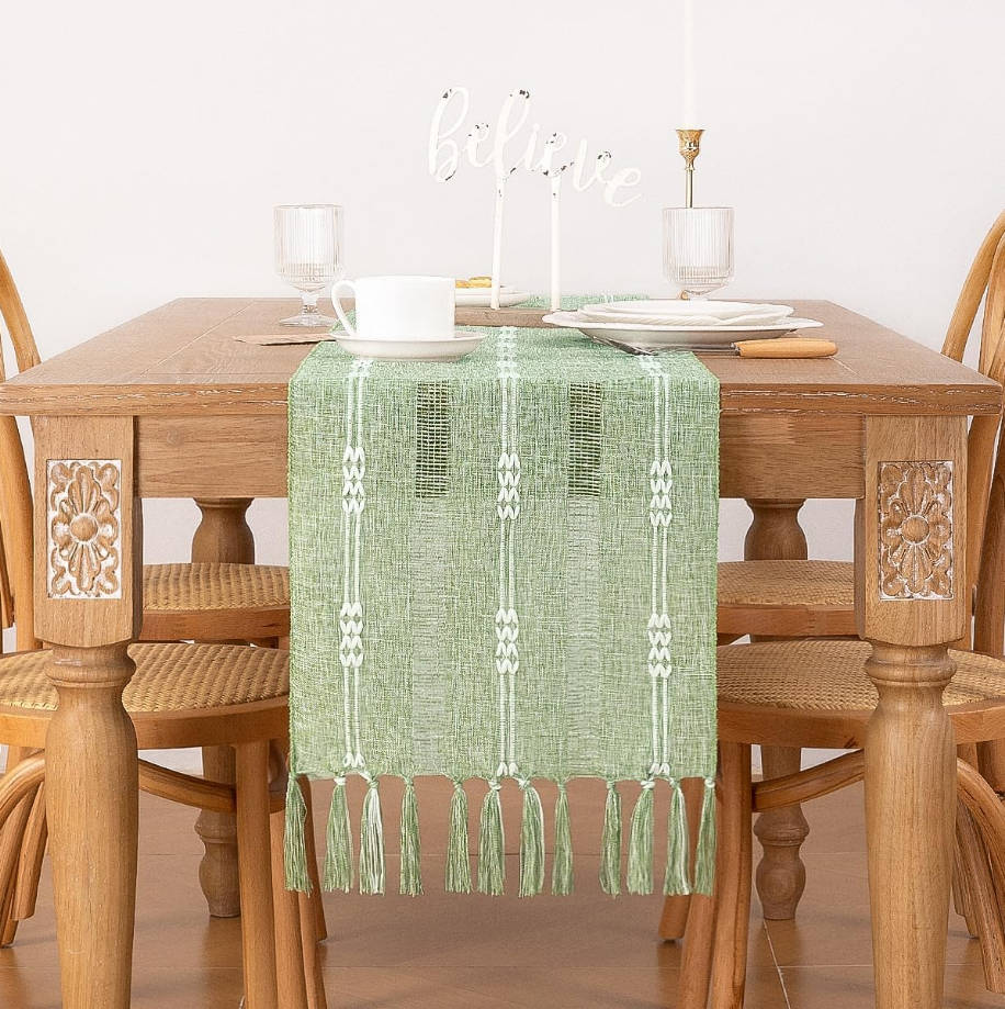 Farmhouse Table Runner 48 Inches, Macrame Woven Cotton Table Runner with Tassels, Rustic Boho Decor for Dining or Living Room, 13x48 Inches, Sage Green