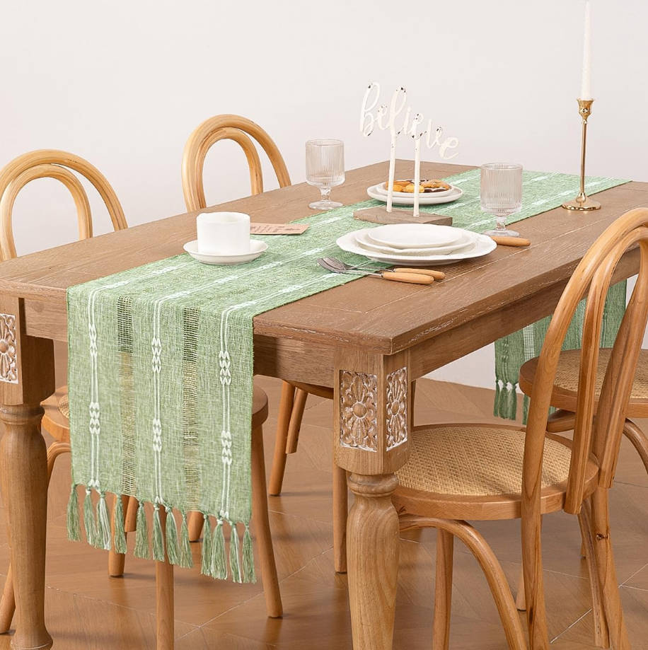 Farmhouse Table Runner 48 Inches, Macrame Woven Cotton Table Runner with Tassels, Rustic Boho Decor for Dining or Living Room, 13x48 Inches, Sage Green