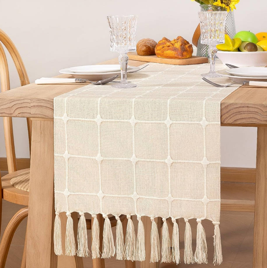 Farmhouse Macrame Plaid Coffee Table Runner - 48x13 inches Cotton Rustic Fall Thanksgiving Table Runner with Tassels for Boho Home Decor Dining Living Room - Beige