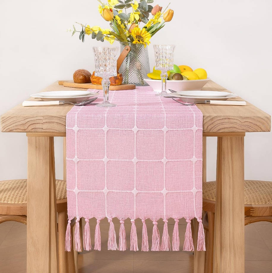 Farmhouse Table Runner 48 inches Macrame Plaid Coffee Table Runner Cotton Rustic Fall Thanksgiving Table Runner with Tassels for Boho Home Decor Dining Living Room 13x48 inches Pink