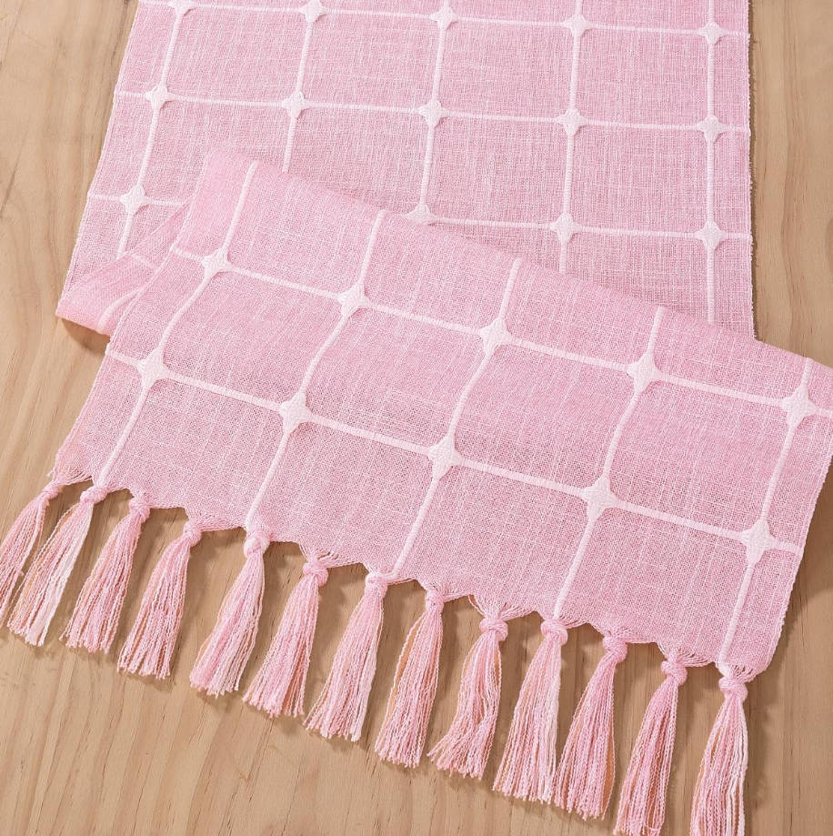 Farmhouse Table Runner 48 inches Macrame Plaid Coffee Table Runner Cotton Rustic Fall Thanksgiving Table Runner with Tassels for Boho Home Decor Dining Living Room 13x48 inches Pink