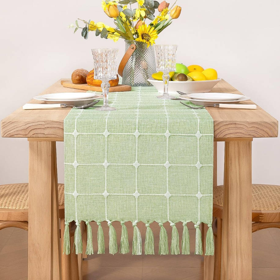 Farmhouse Macrame Plaid Coffee Table Runner - 48x13 inches, Cotton, Rustic Sage Green with Tassels for Boho Home Decor