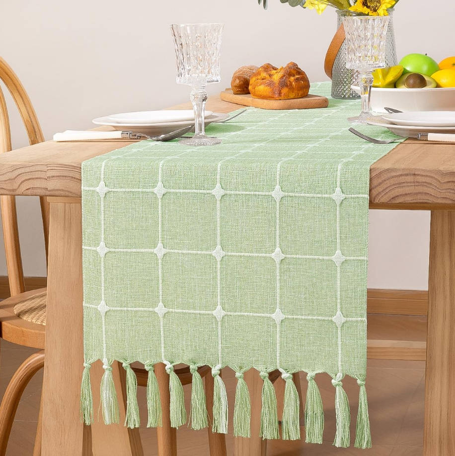 Farmhouse Macrame Plaid Coffee Table Runner - 48x13 inches, Cotton, Rustic Sage Green with Tassels for Boho Home Decor