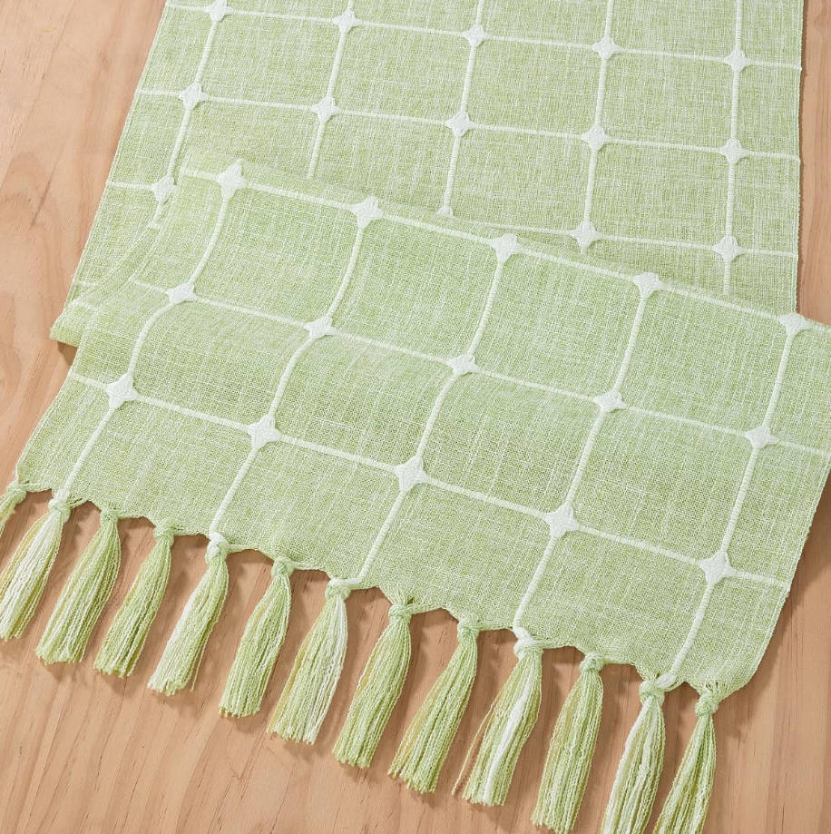 Farmhouse Macrame Plaid Coffee Table Runner - 48x13 inches, Cotton, Rustic Sage Green with Tassels for Boho Home Decor