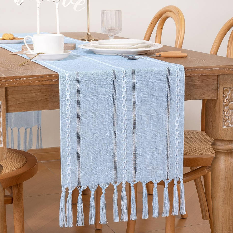  Farmhouse Table Runner 36 inches Macrame Woven Coffee Table Runner Cotton Rustic Fall Thanksgiving Table Runner with Tassels for Boho Home Decor Living Dining Room 13x36 inches Blue