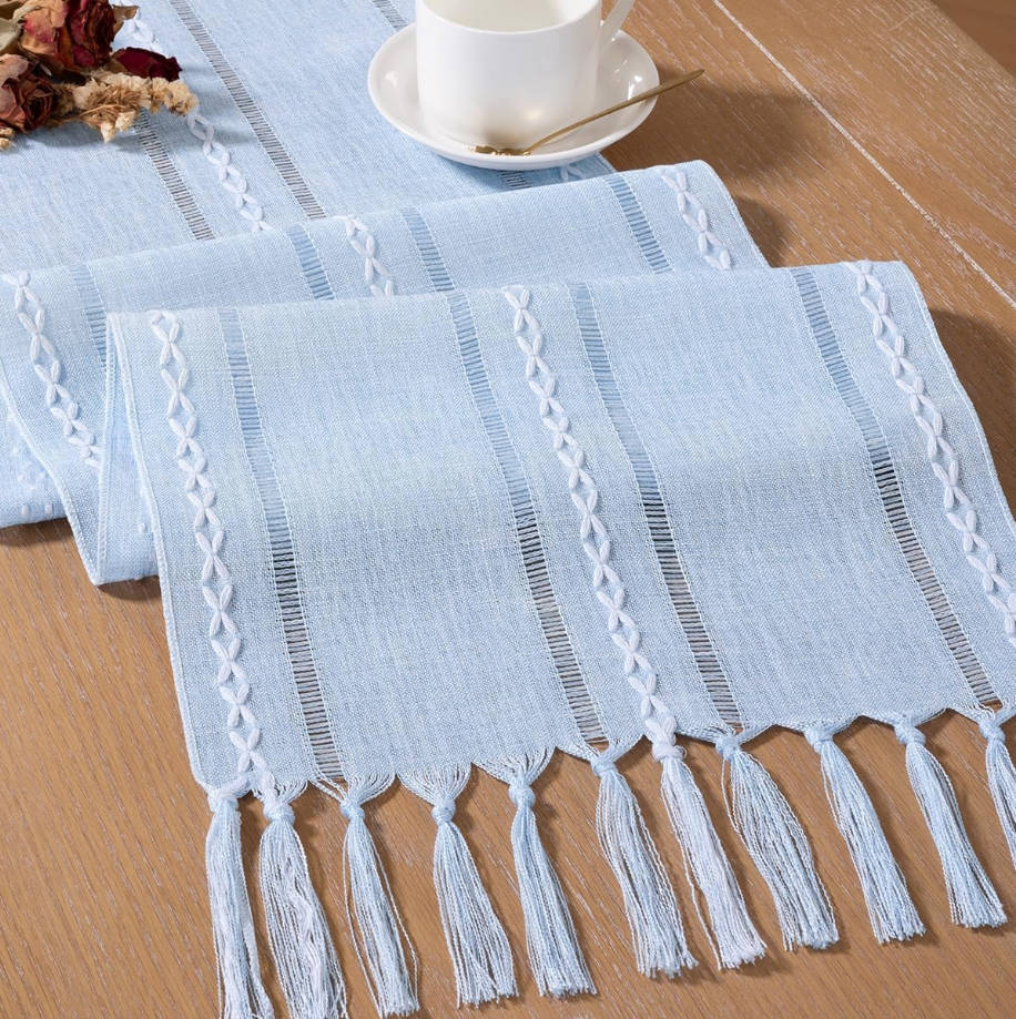  Farmhouse Table Runner 36 inches Macrame Woven Coffee Table Runner Cotton Rustic Fall Thanksgiving Table Runner with Tassels for Boho Home Decor Living Dining Room 13x36 inches Blue