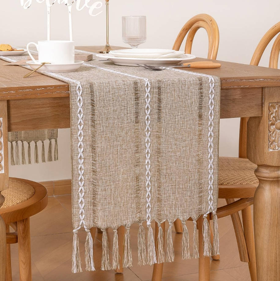 Macrame Woven Cotton Table Runner - 36x13 inches, Rustic Fall Thanksgiving Boho Home Decor with Tassels