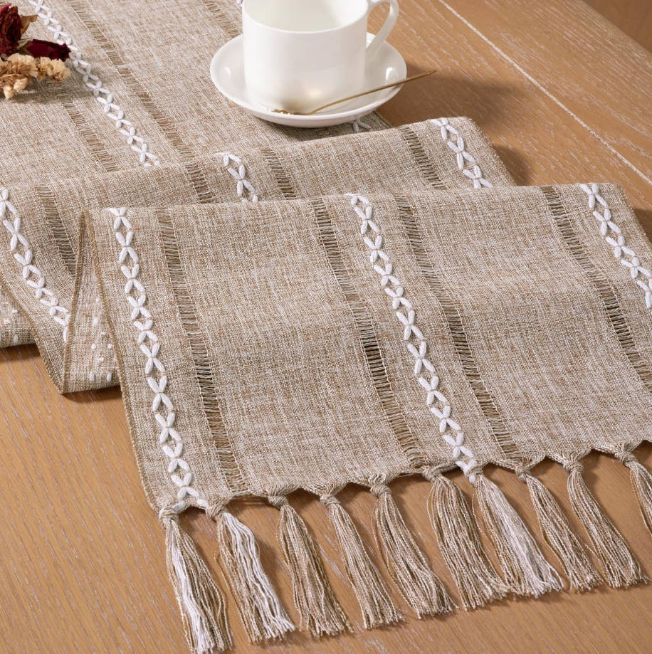 Macrame Woven Cotton Table Runner - 36x13 inches, Rustic Fall Thanksgiving Boho Home Decor with Tassels