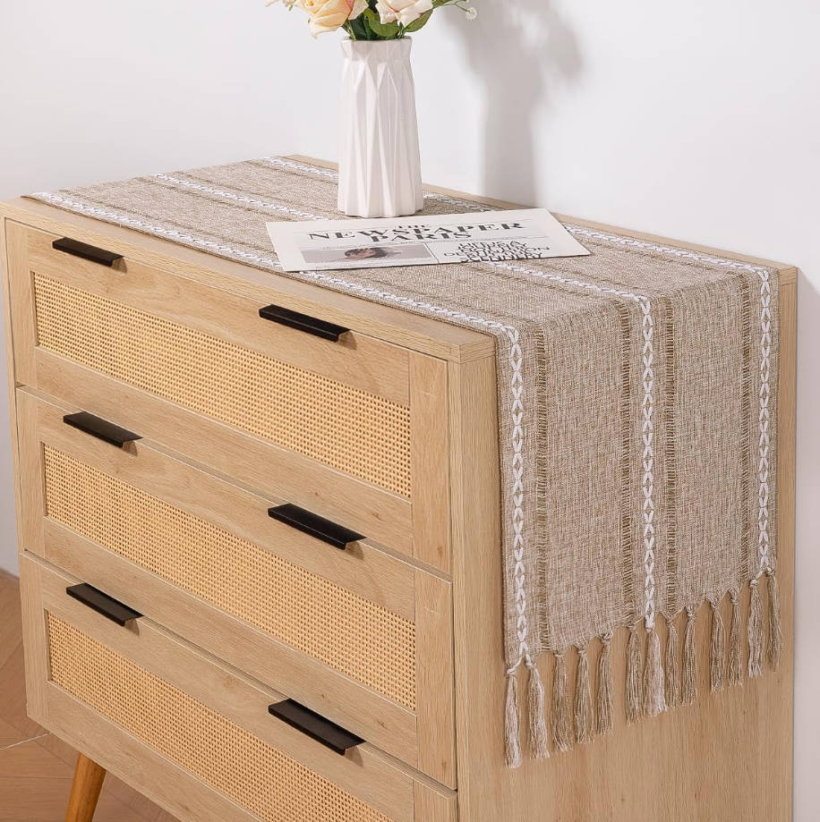 Macrame Woven Cotton Table Runner - 36x13 inches, Rustic Fall Thanksgiving Boho Home Decor with Tassels