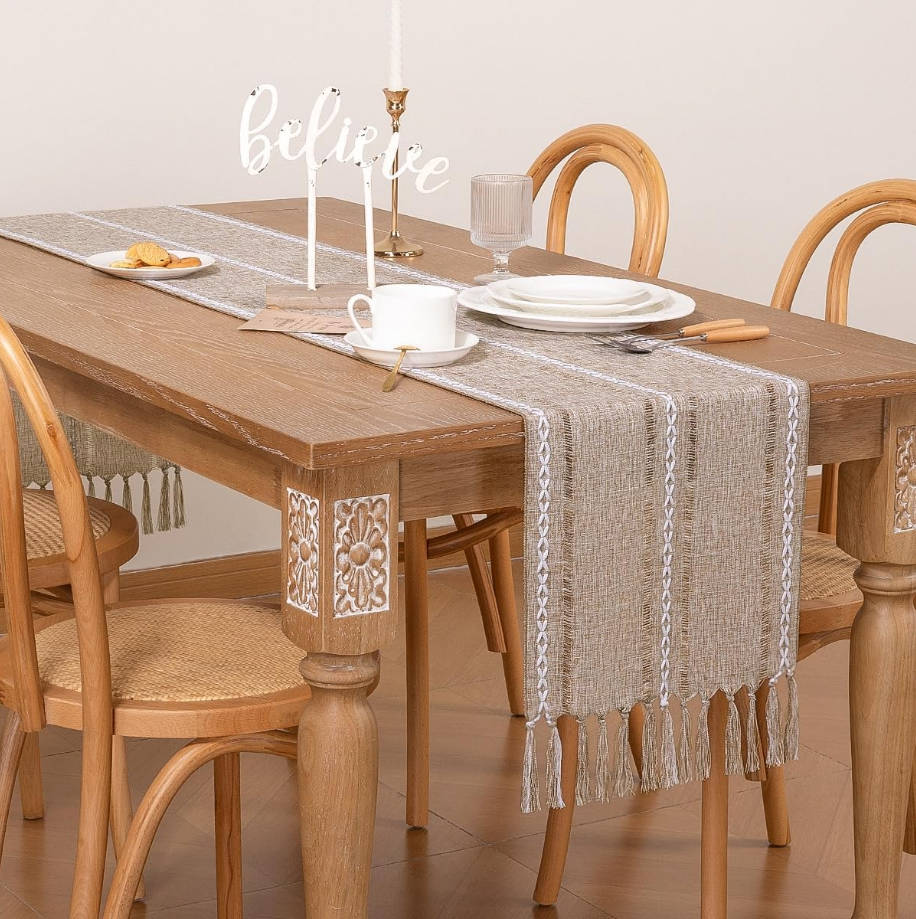 Macrame Woven Cotton Table Runner - 36x13 inches, Rustic Fall Thanksgiving Boho Home Decor with Tassels