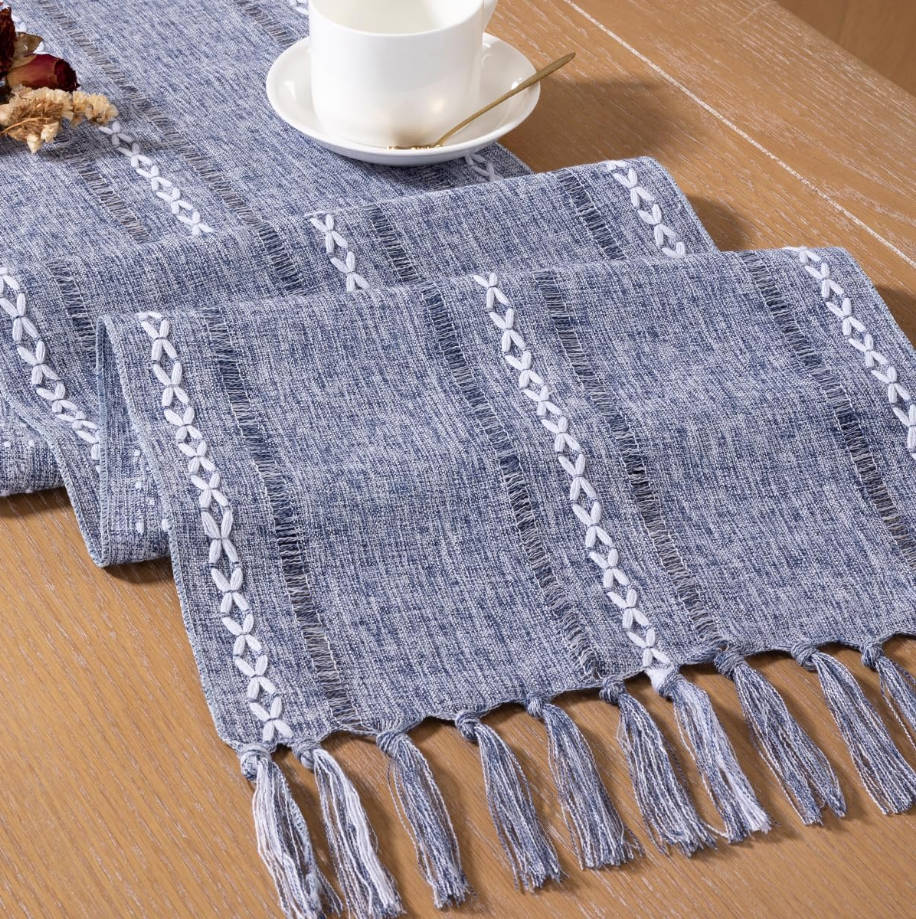 Farmhouse Table Runner 36 inches Macrame Woven Coffee Table Runner Cotton Rustic Fall Thanksgiving Table Runner with Tassels for Boho Home Decor Living Dining Room 13x36 inches Dusty Blue