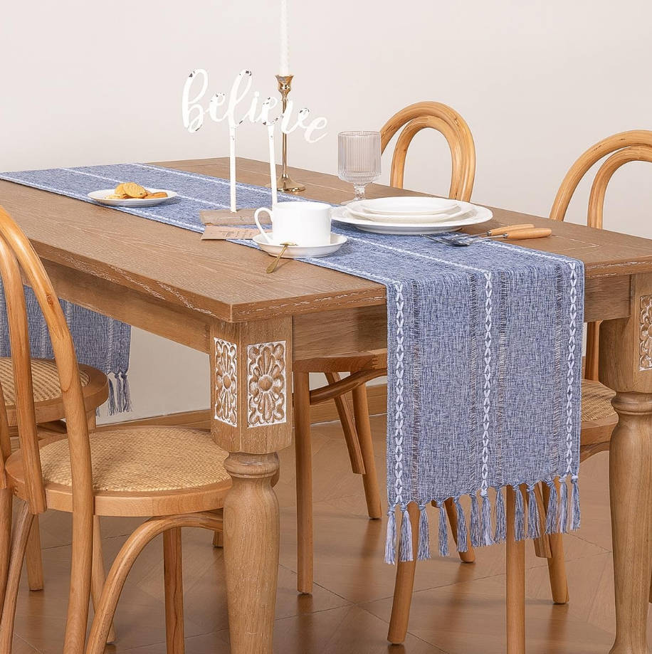 Farmhouse Table Runner 36 inches Macrame Woven Coffee Table Runner Cotton Rustic Fall Thanksgiving Table Runner with Tassels for Boho Home Decor Living Dining Room 13x36 inches Dusty Blue