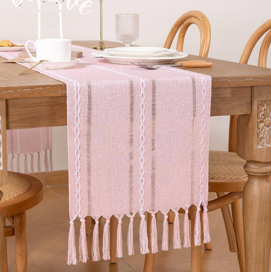 Macrame Woven Cotton Table Runner - 36x13 inches Pink with Tassels for Boho Fall Thanksgiving Decor