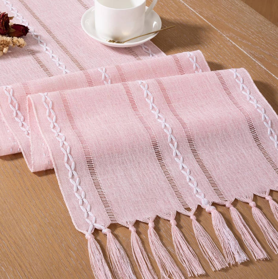 Macrame Woven Cotton Table Runner - 36x13 inches Pink with Tassels for Boho Fall Thanksgiving Decor