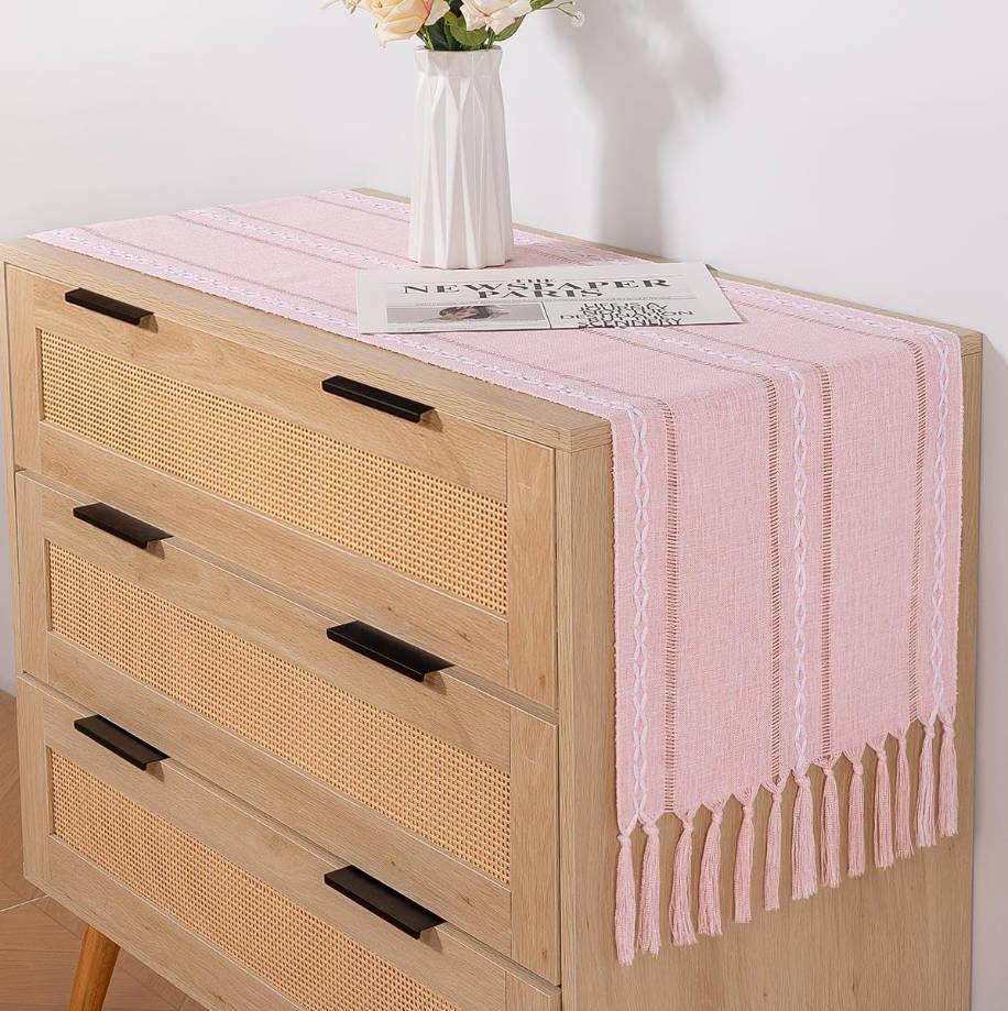 Macrame Woven Cotton Table Runner - 36x13 inches Pink with Tassels for Boho Fall Thanksgiving Decor