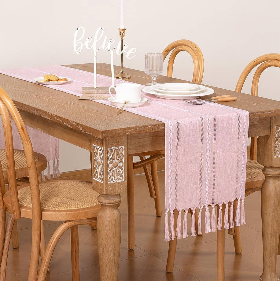 Macrame Woven Cotton Table Runner - 36x13 inches Pink with Tassels for Boho Fall Thanksgiving Decor