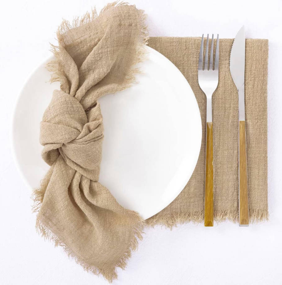 Set of 8 Linen Napkins Caramel Easter Spring Cloth Napkins Washable Cotton Dinner Napkins Fringe 17"x17" for Wedding Party Bridal Baby Shower Birthday Table Decorations