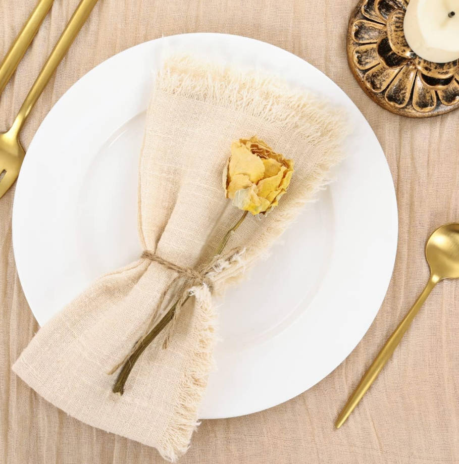 Set of 8 Linen Napkins Beige Easter Spring Cloth Napkins Washable Cotton Dinner Napkins Fringe 17"x17" for Wedding Party Bridal Baby Shower Birthday Table Decorations