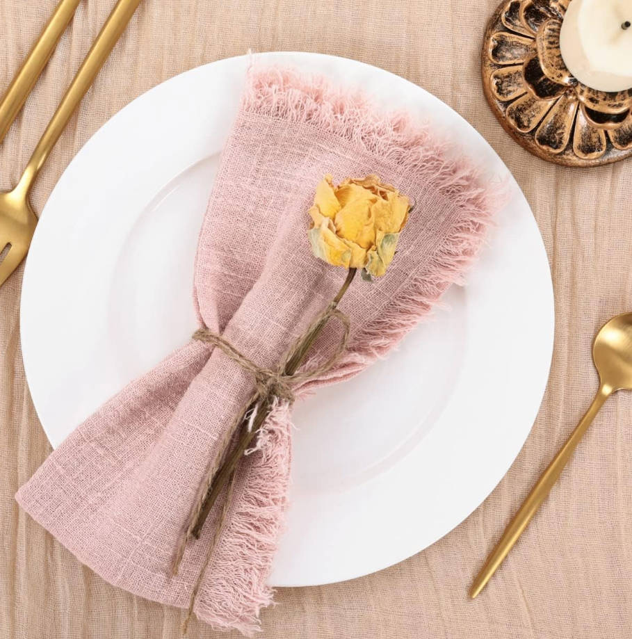 Set of 12 Linen Napkins Dusty Rose Easter Spring Cloth Napkins Washable Cotton Dinner Napkins Fringe 17"x17" for Wedding Party Bridal Baby Shower Birthday Table Decorations