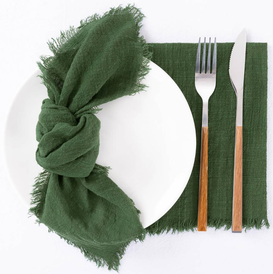 Set of 12 Linen Napkins Green Easter Spring Cloth Napkins Washable Cotton Dinner Napkins Fringe 17"x17" for Wedding Party Bridal Baby Shower Birthday Table Decorations