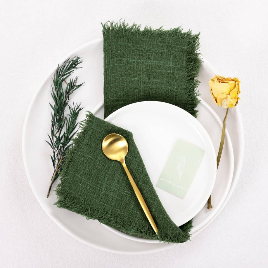 Set of 12 Linen Napkins Green Easter Spring Cloth Napkins Washable Cotton Dinner Napkins Fringe 17"x17" for Wedding Party Bridal Baby Shower Birthday Table Decorations