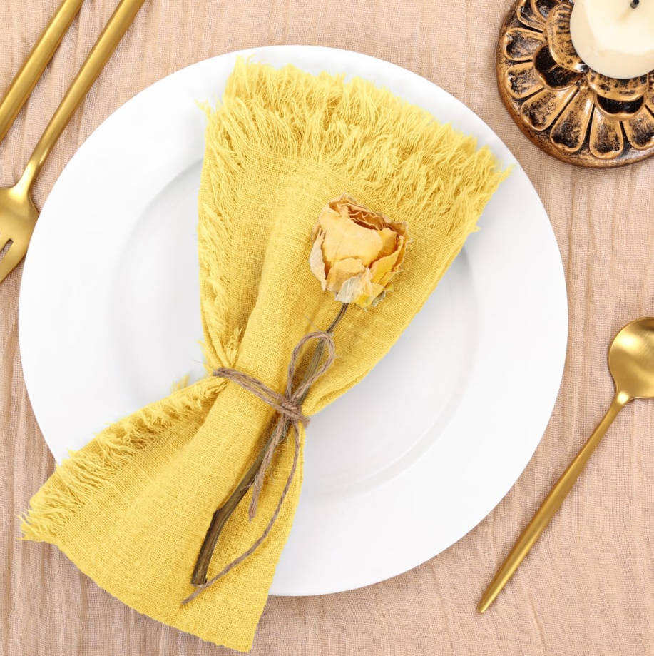 Set of 12 Linen Napkins Yellow Easter Spring Cloth Napkins Washable Cotton Dinner Napkins Fringe 17"x17" for Wedding Party Bridal Baby Shower Birthday Table Decorations