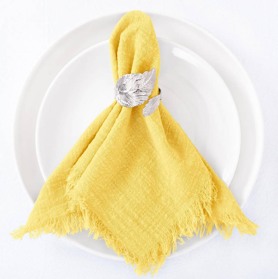 Set of 12 Linen Napkins Yellow Easter Spring Cloth Napkins Washable Cotton Dinner Napkins Fringe 17"x17" for Wedding Party Bridal Baby Shower Birthday Table Decorations