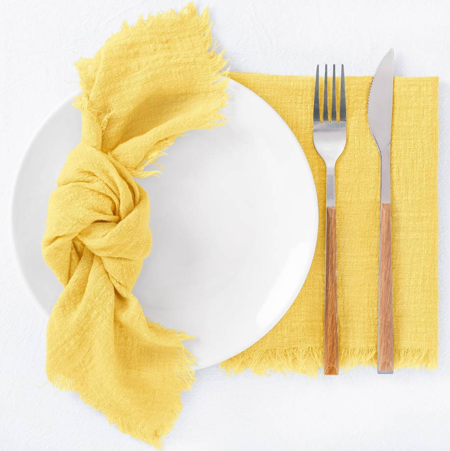 Set of 12 Linen Napkins Yellow Easter Spring Cloth Napkins Washable Cotton Dinner Napkins Fringe 17"x17" for Wedding Party Bridal Baby Shower Birthday Table Decorations