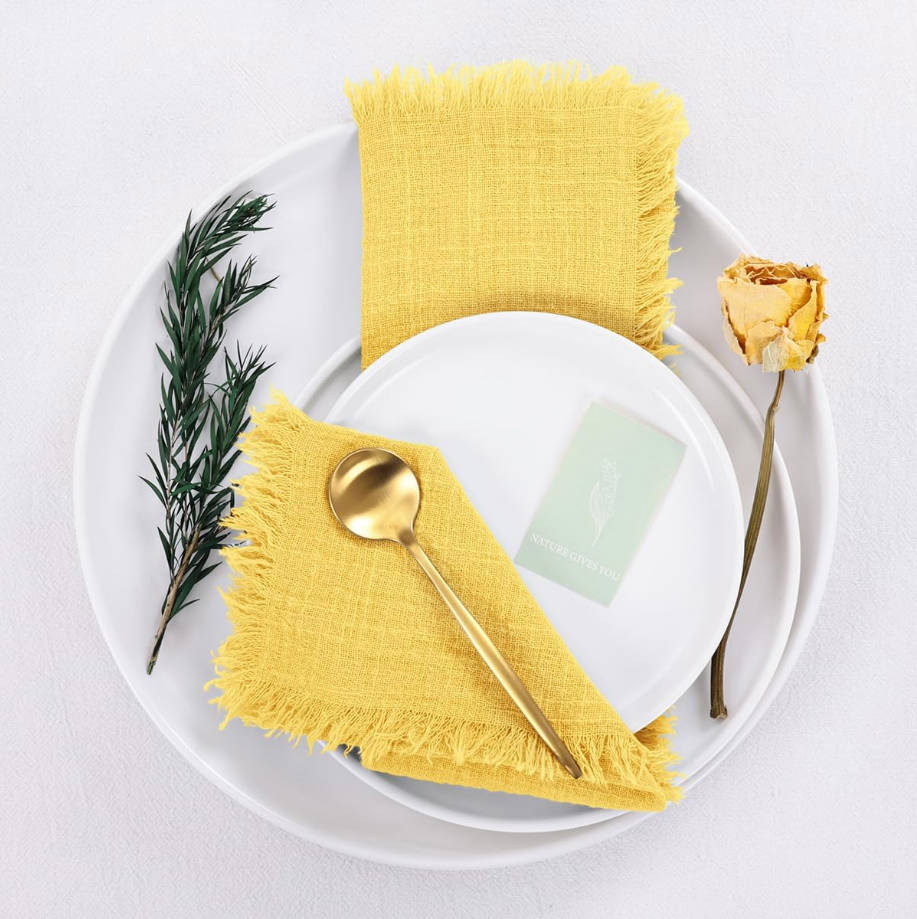 Set of 12 Linen Napkins Yellow Easter Spring Cloth Napkins Washable Cotton Dinner Napkins Fringe 17"x17" for Wedding Party Bridal Baby Shower Birthday Table Decorations
