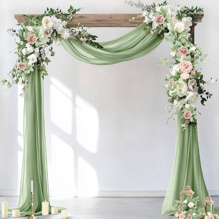 Wedding Arch Draping Fabric 2 Panels 29" x 19Ft Sage Green Sheer Chiffon Curtain Drapes 6 Yards for Wedding Ceremony Birthday Party Decoration