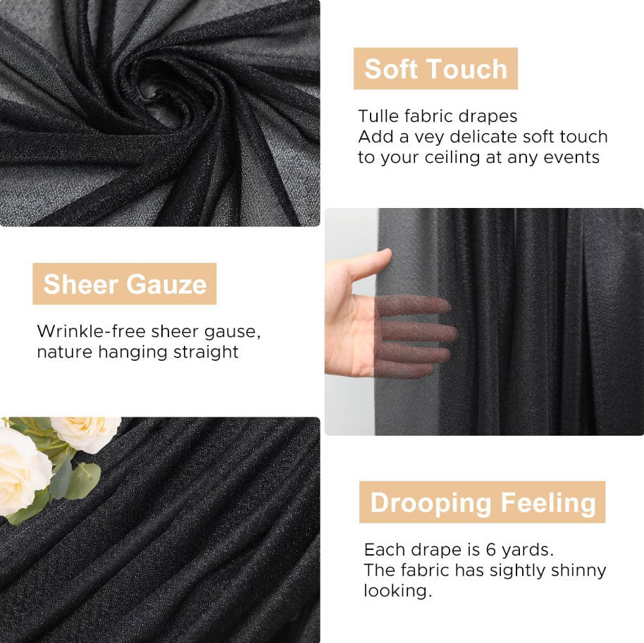 Wedding Arch Draping Fabric 28.7" x 20FT Black Sheer Backdrop for Ceremony, Birthday Party, Bridal Shower Decoration