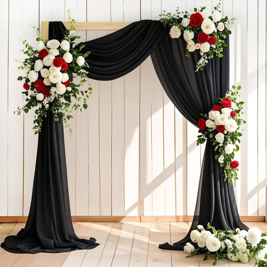 Arch Draping Fabric 2 Panels 30'' x 18FT Black Sheer Chiffon Arch Drapery for Bridal Shower Backdrop Outdoor Party Arches Church Ceremony Decoration