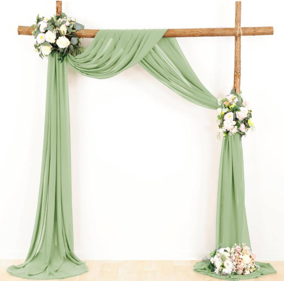 Wedding Arch Draping Fabric 2 Panels 30'' x 18FT Sage Green Sheer Chiffon Arch Drapery for Bridal Shower Backdrop Outdoor Party Church Ceremony