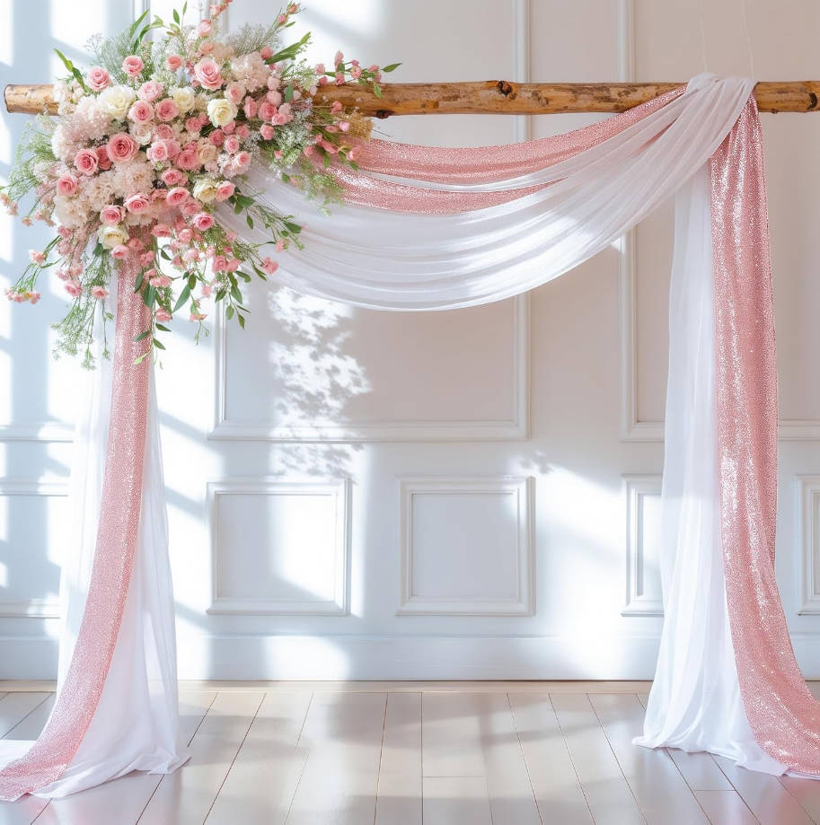 Wedding Arch Draping Fabric, 1 Panel 28" x19ft White Arch Drapes & 1 Panel 16" x19ft Rose Gold Sequin Fabric Drapes Arbor Backdrop Curtain for Wedding Arch Ceremony Bridal Shower Reception