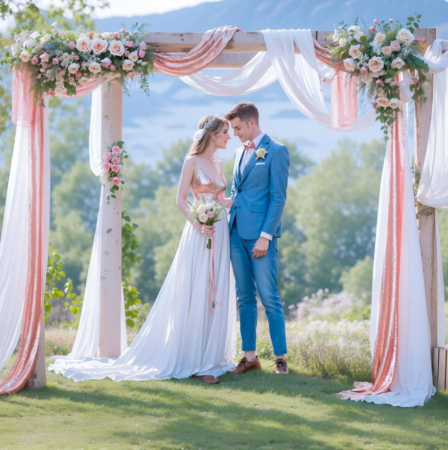 Wedding Arch Draping Fabric, 1 Panel 28" x19ft White Arch Drapes & 1 Panel 16" x19ft Rose Gold Sequin Fabric Drapes Arbor Backdrop Curtain for Wedding Arch Ceremony Bridal Shower Reception