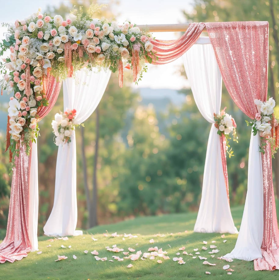 Wedding Arch Draping Fabric, 1 Panel 28" x19ft White Arch Drapes & 1 Panel 16" x19ft Rose Gold Sequin Fabric Drapes Arbor Backdrop Curtain for Wedding Arch Ceremony Bridal Shower Reception