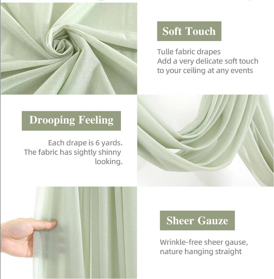Wedding Arch Draping Fabric 2 Panels 19FT Sage Green Arch Drapes Sheer Backdrop Curtain for Wedding Ceremony Party Ceiling Decorations