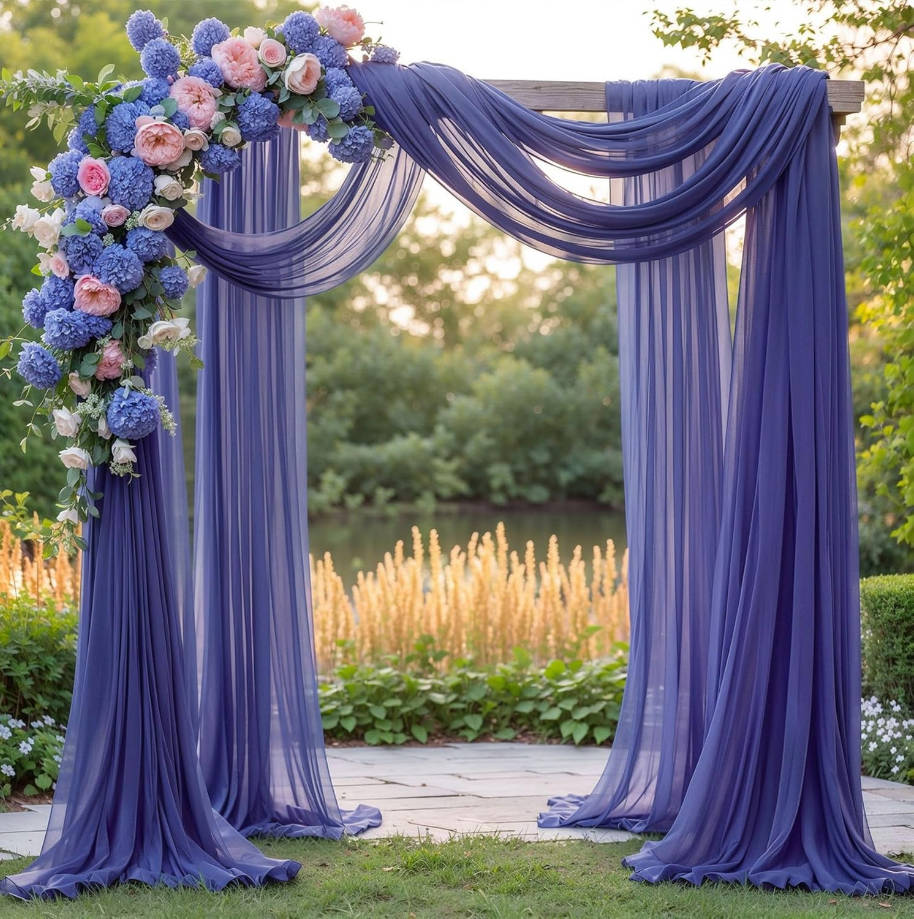Wedding Arch Draping Fabric, 2 Panels 6 Yards Navy Blue Sheer Backdrop Curtain Window Scarf Valance for Table Event Party Home Decorations（2 Panels）, Navy Blue