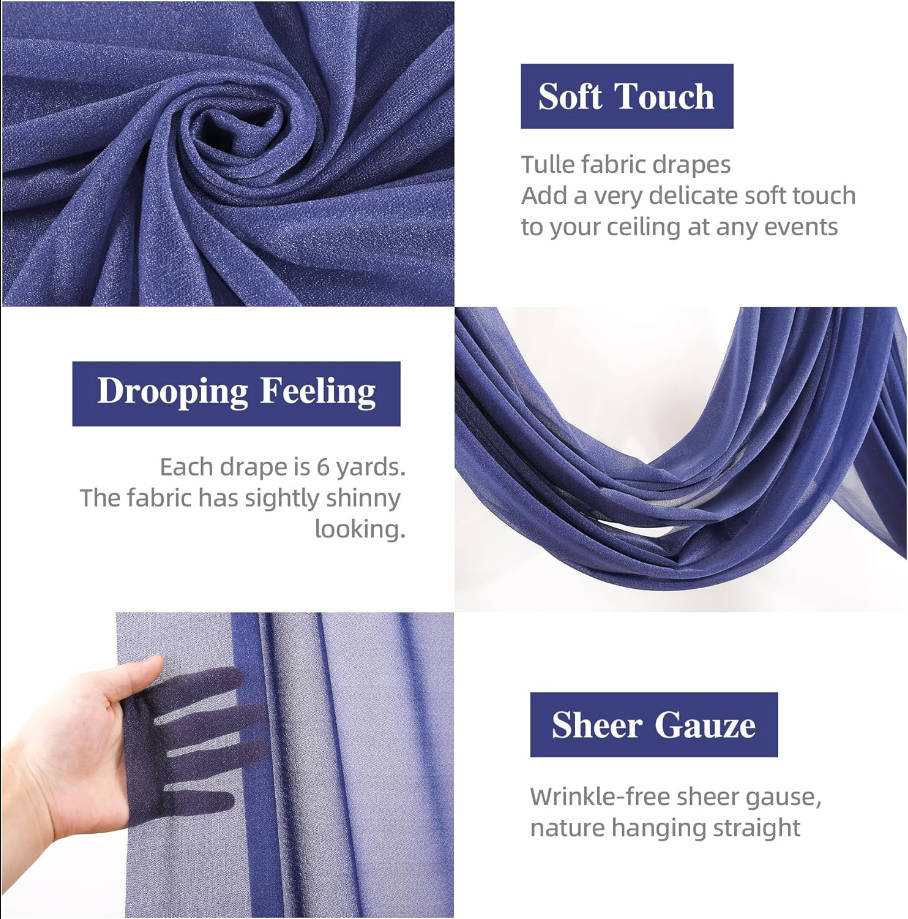 Wedding Arch Draping Fabric, 2 Panels 6 Yards Navy Blue Sheer Backdrop Curtain Window Scarf Valance for Table Event Party Home Decorations（2 Panels）, Navy Blue