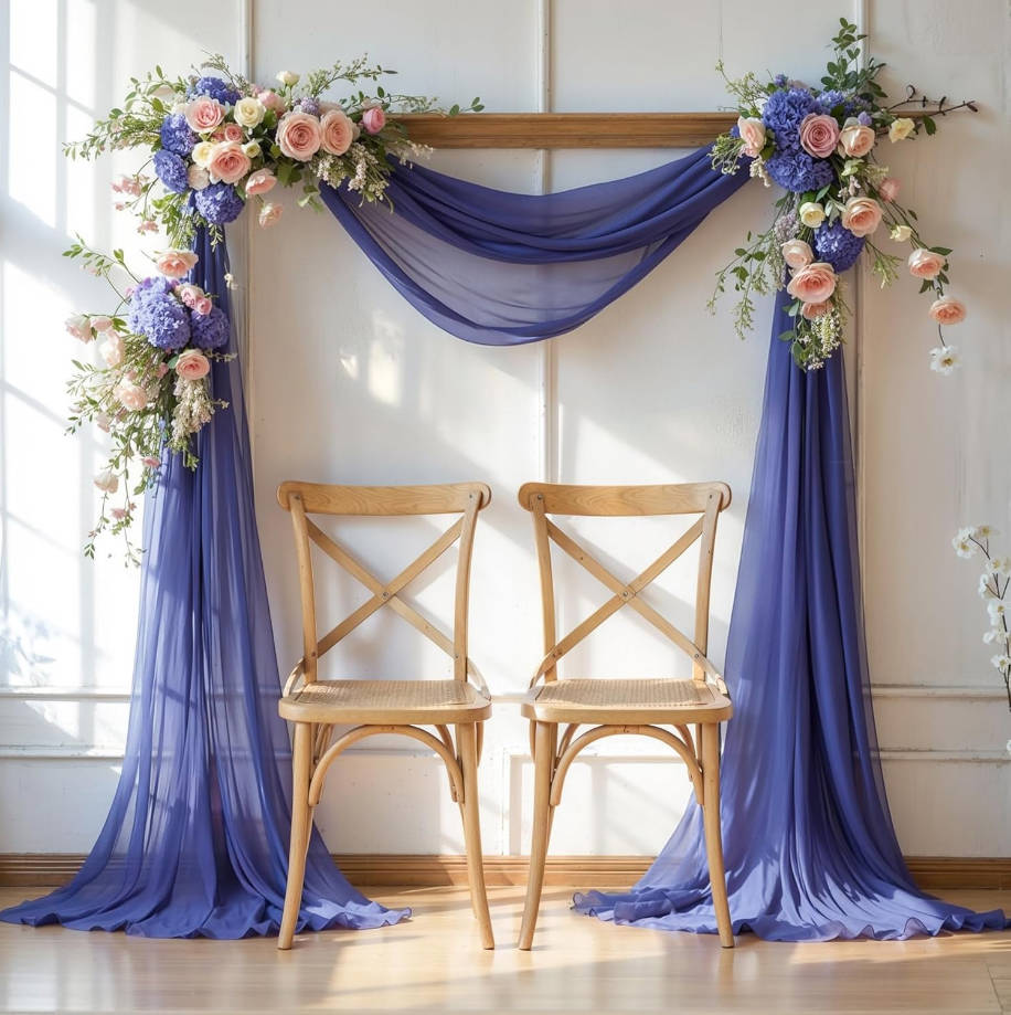 Wedding Arch Draping Fabric, 2 Panels 6 Yards Navy Blue Sheer Backdrop Curtain Window Scarf Valance for Table Event Party Home Decorations（2 Panels）, Navy Blue