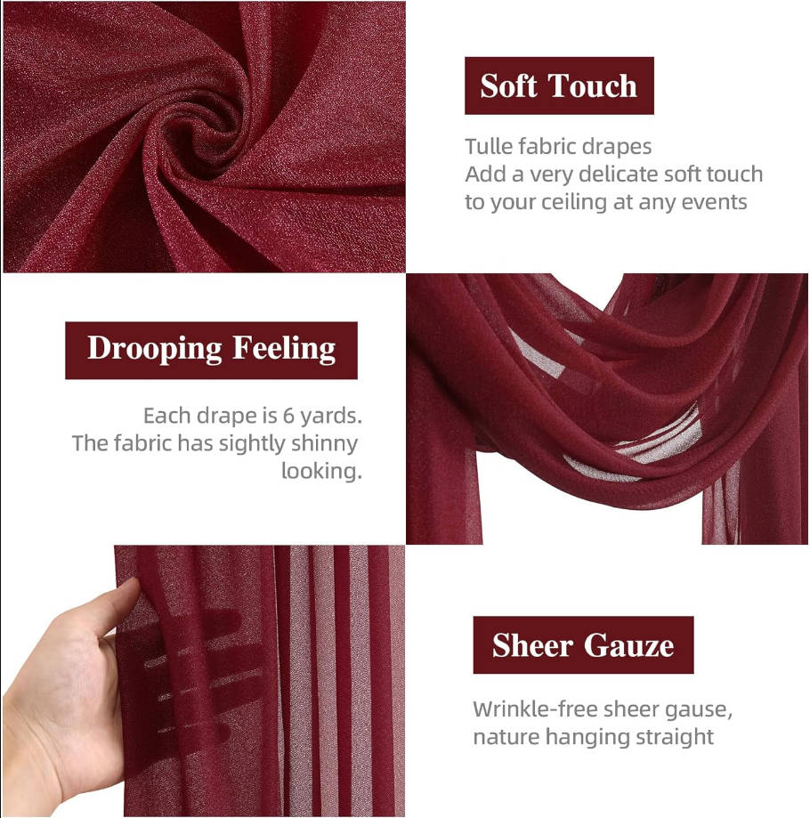 Wedding Arch Draping Fabric, 2 Panels Burgundy Sheer Backdrop Curtain Tulle Fabric Drapery for Arbor Wedding Archway Ceremony Party Ceiling Decor Backdrop