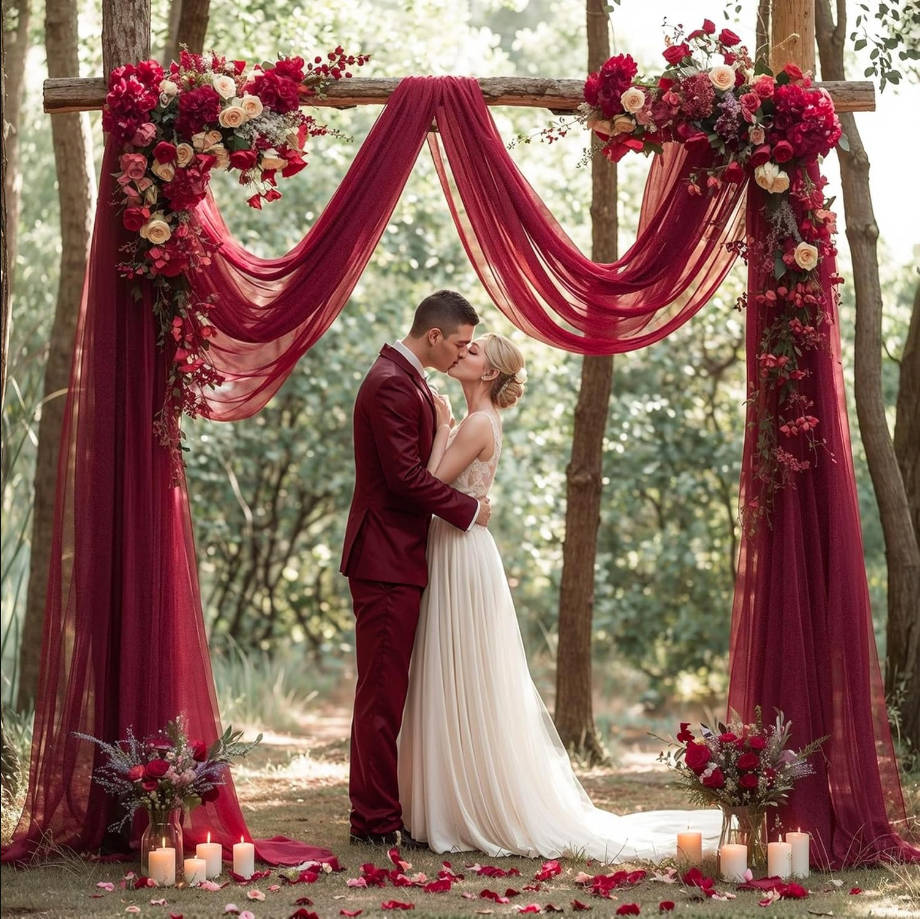 Wedding Arch Draping Fabric, 2 Panels Burgundy Sheer Backdrop Curtain Tulle Fabric Drapery for Arbor Wedding Archway Ceremony Party Ceiling Decor Backdrop