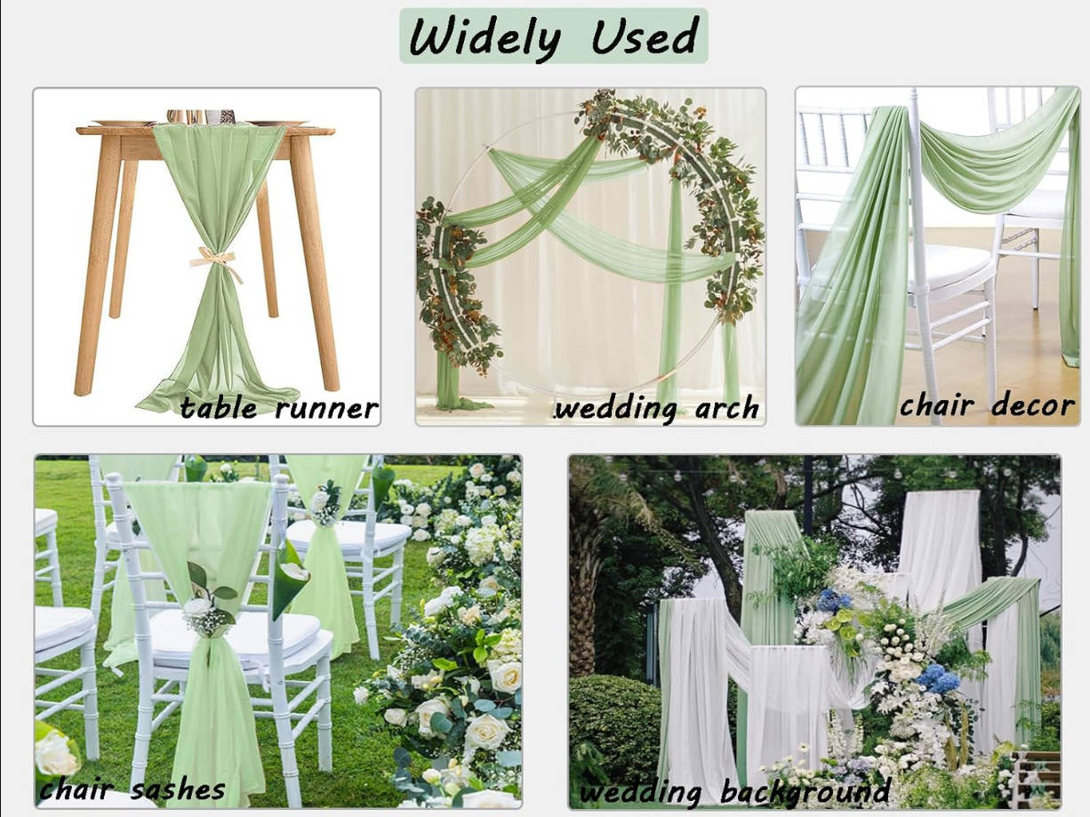 Sage Green Wedding Arch Draping Fabric, 1 Panel 29" X 20FT Sage Green Chiffon Arch Draping Sheer Fabric for Draping Chiffon Arch Drapery for Wedding Ceremony