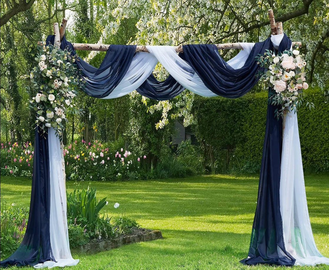Wedding Arch Draping Fabric Bundle - White & Navy Blue Voile Organza/Chiffon Scarves - 55" W x 900" L