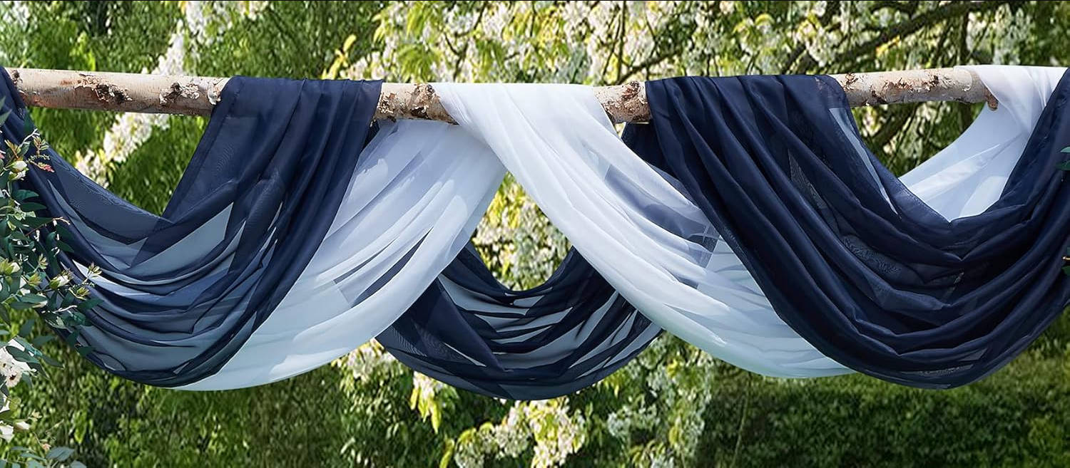 Wedding Arch Draping Fabric Bundle - White & Navy Blue Voile Organza/Chiffon Scarves - 55" W x 900" L