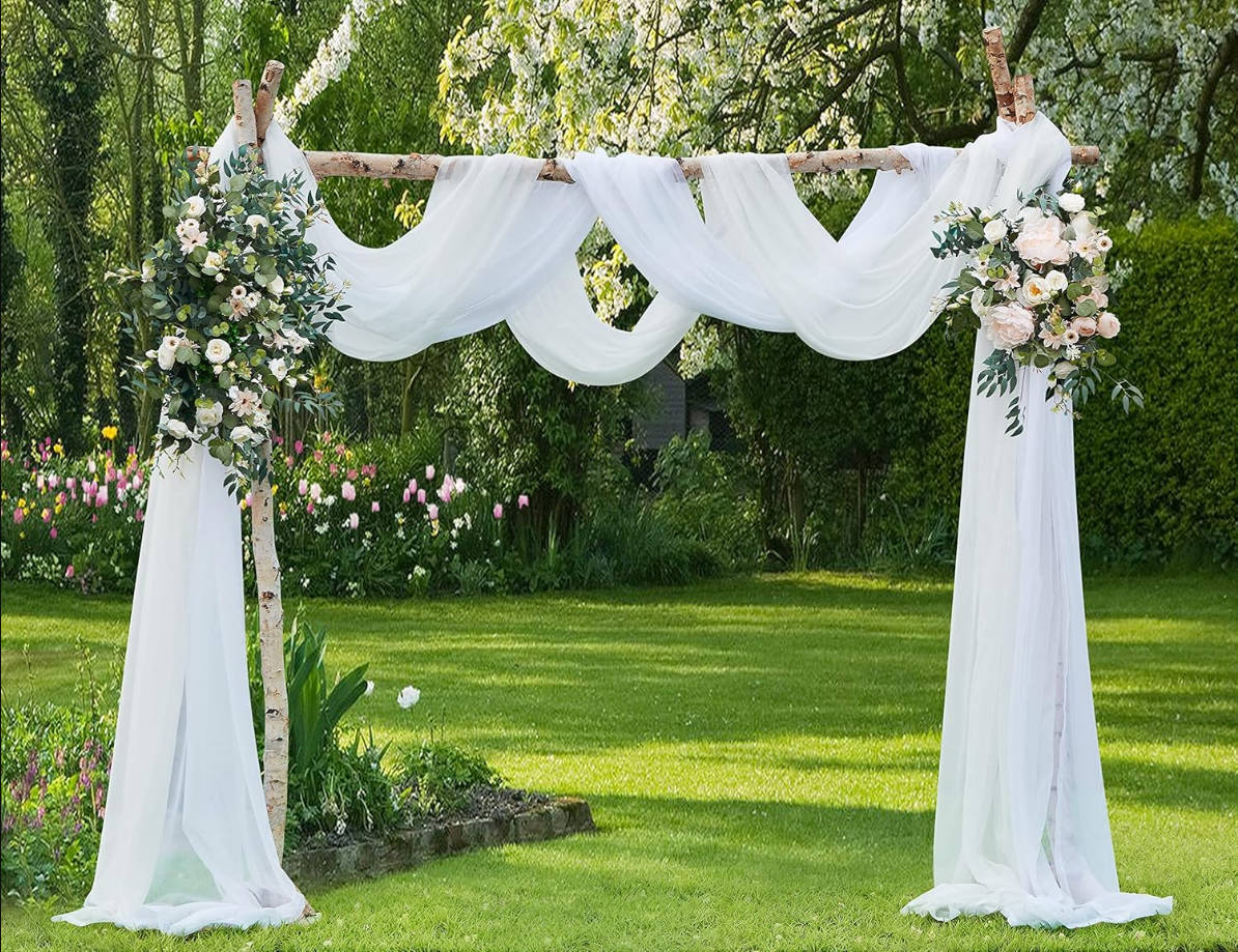 Wedding Arch Draping Fabric Bundle Has 2 216 Inch (18 Feet) Scarves in Beige & White Fabric Colors for Wedding Decoration. AD White & Beige 216”