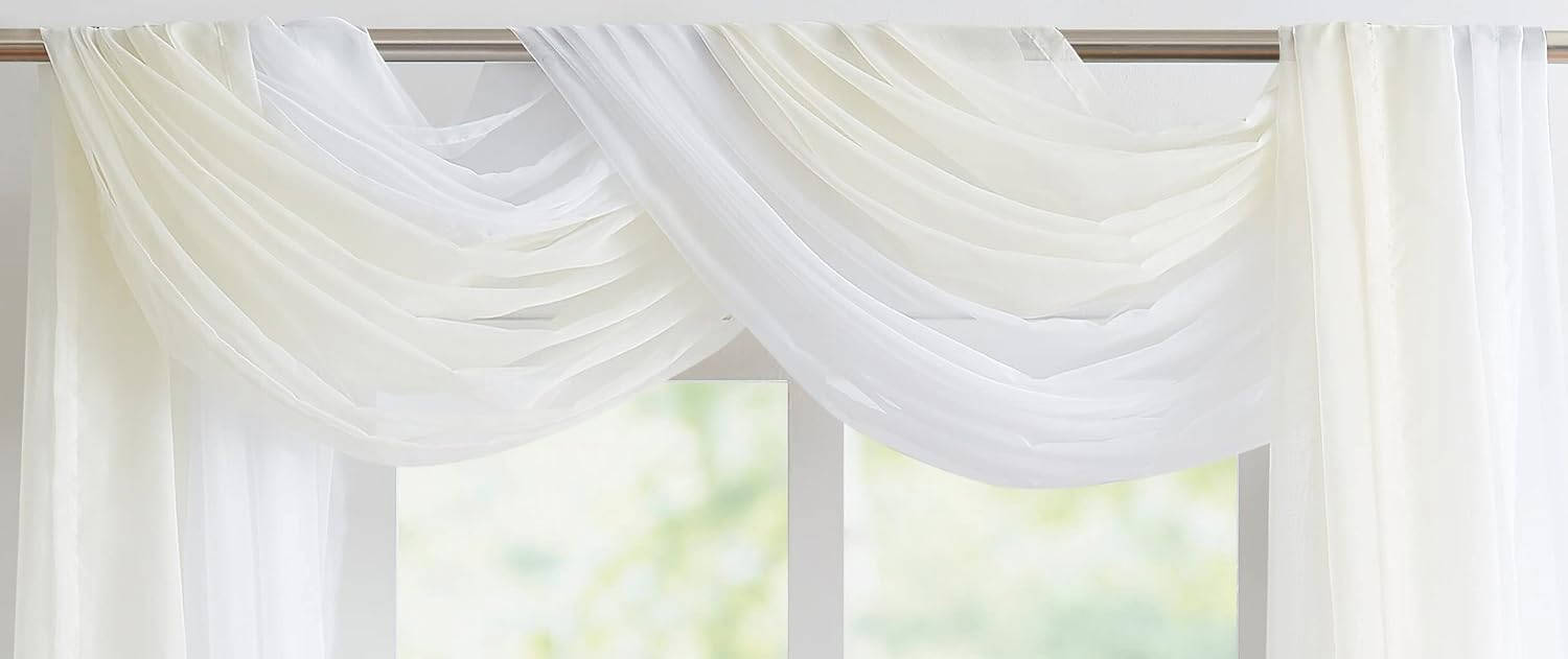 Wedding Arch Draping Fabric Bundle Has 2 216 Inch (18 Feet) Scarves in Beige & White Fabric Colors for Wedding Decoration. AD White & Beige 216”