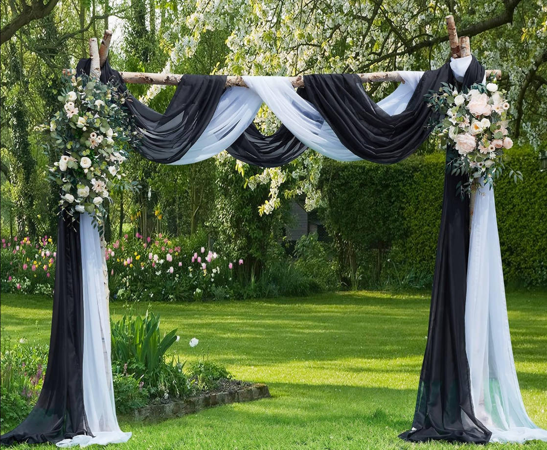 Wedding Arch Draping Fabric Bundle Has 2 216 Inch (18 Feet) Scarves in Black & White Fabric Colors for Wedding Decoration. AD White & Black 216”